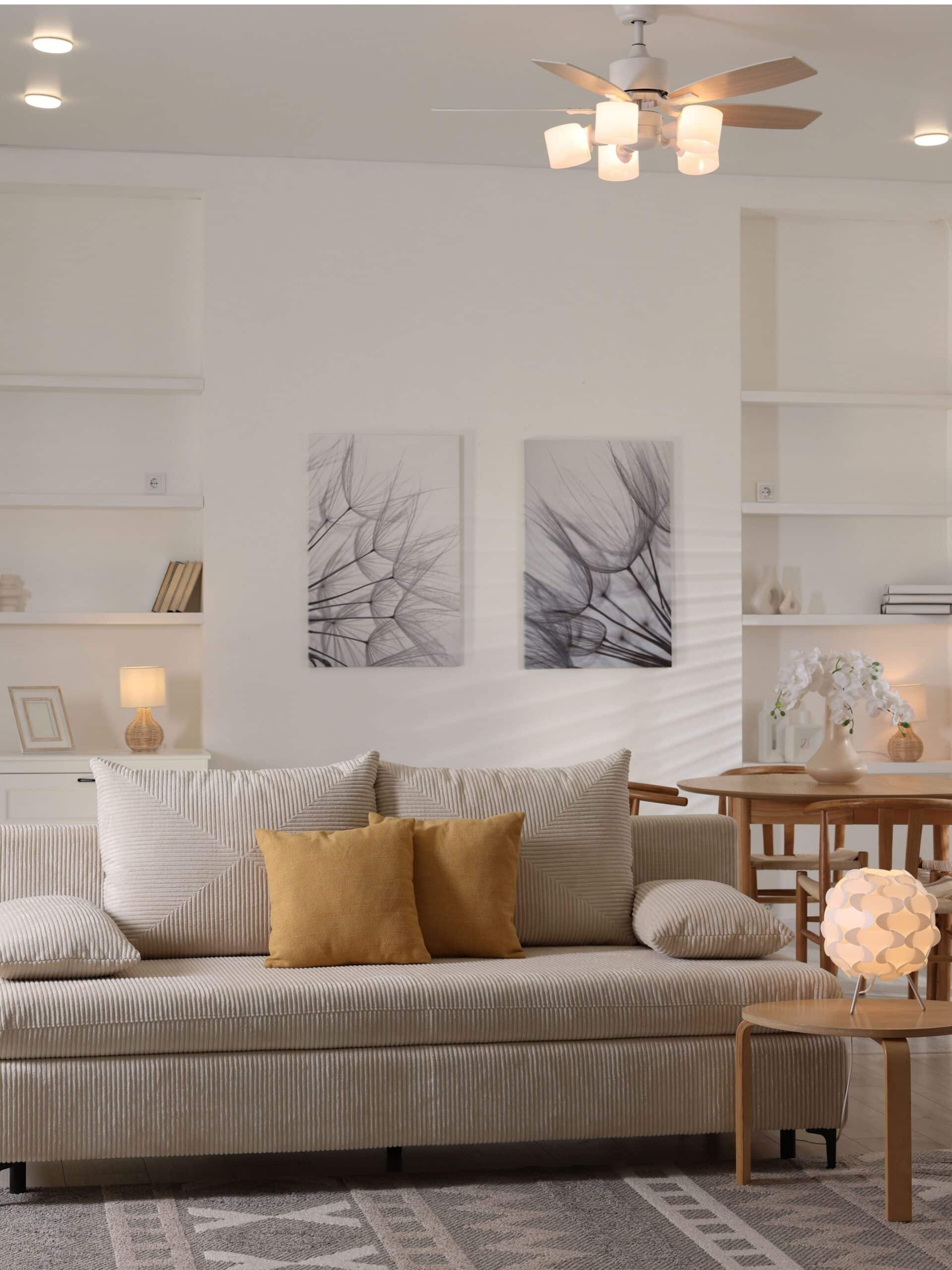 Elegant living room interior design with beige and white motif and warm lights
